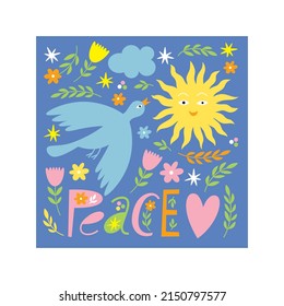 World peace poster  Lettering  dove peace   flowers  sun  symbols peace