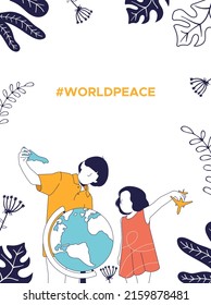 World Peace Poster. Sep 21, international Peace day. Children play airplanes next to the Globe. Flat vector graphics on a white background with plants.