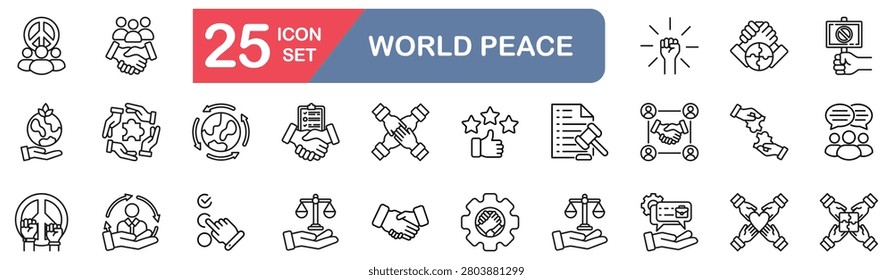 World Peace set of web icons in line style. vector illustration concept relate to harmony,unity,diplomacy,tolerance,equality,justice,freedom,respect