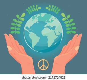 world and peace symbol and hands