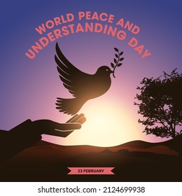 World Peace and Understanding Day, 23 February. Hand protect world and peace, bird flying with hand vector illustration