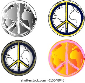 World peace vector icons. The universal sign or symbol of peace set on top of a world map globe in different colors.