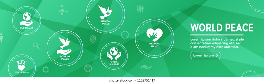 World Peace Web Header Banner with Dove Globe Hand & heart icon set 