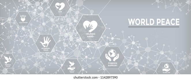 World Peace Web Header Banner with Dove Globe Hand & heart icon set 
