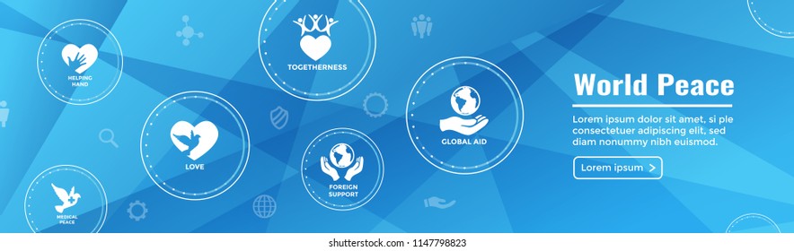 World Peace Web Header Banner with Dove Globe Hand & heart icon set 