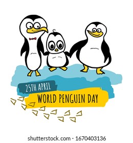 World penguin day. Creative cartoon banner. World penguin day is celebrated on April 25. Isolated vector drawing.