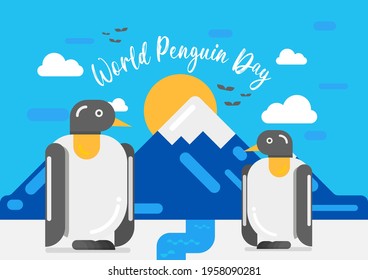 World Penguin Day poster, Cold Icy Region, Antarctica landscape Scenery with iceberg and penguins, illustration vector