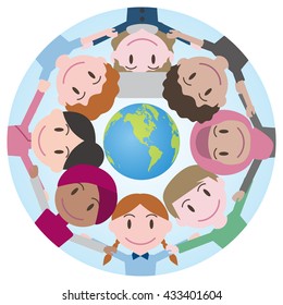 la gente del mundo forma un círculo alrededor del mundo, un mapa, una imagen vectorial