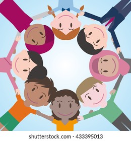 world people form a circle, scrum down, vector illustration