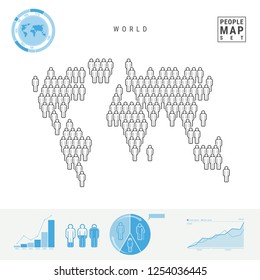 World People Icon Map. People Crowd in the Shape of a World Map. Stylized Silhouette of the World. Population Growth and Aging Infographic Elements. Vector Illustration Isolated on White Background.
