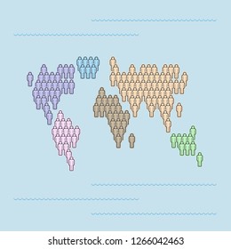 World People Icon Map. People Crowd in the Shape of a Map of the World. Stylized Silhouette, Multicolored Continents. World Population. Vector Illustration Isolated on White.