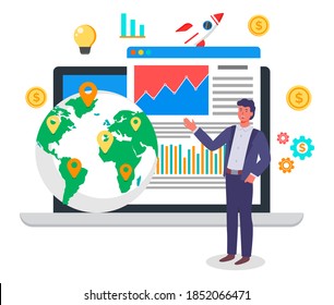 World performance business concept. Man explains presentation on laptop screen with statistical indicators and continental world map infographics template. International trade, global trading networks
