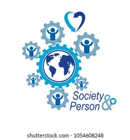 World and Person creative logo, unique vector symbol created with different icons. System and social Matrix sign. Person and humankind interacts with each other. System and social Matrix sign.