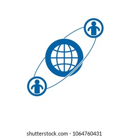 World and Person creative logo, unique vector symbol created with different icons. System and social Matrix sign. Person and humankind interacts with each other. System and social Matrix sign.