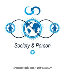 World and Person creative logo, unique vector symbol created with different icons. System and social Matrix sign. Person and humankind interacts with each other. System and social Matrix sign.