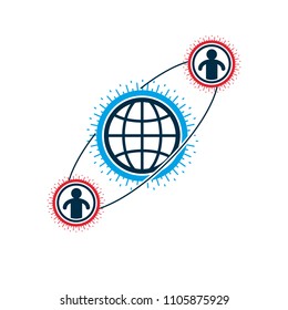 World and Person creative logo, unique vector symbol created with different icons. System and social Matrix sign. Person and humankind interacts with each other. System and social Matrix sign.