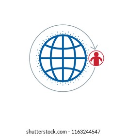 World and Person creative logo, unique vector symbol created with different icons. System and social Matrix sign. Person and humankind interacts with each other. System and social Matrix sign.