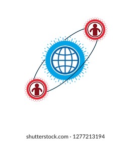 World and Person creative logo, unique vector symbol created with different icons. System and social Matrix sign. Person and humankind interacts with each other. System and social Matrix sign.