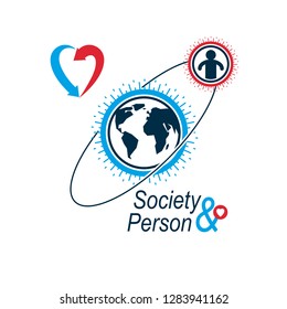 World and Person creative logo, unique vector symbol created with different icons. System and social Matrix sign. Person and humankind interacts with each other. System and social Matrix sign.