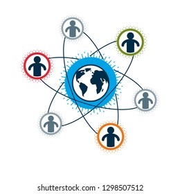 World and Person creative logo, unique vector symbol created with different icons. System and social Matrix sign. Person and humankind interacts with each other. System and social Matrix sign.