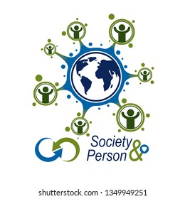 World and Person creative logo, unique vector symbol created with different icons. System and social Matrix sign. Person and humankind interacts with each other. System and social Matrix sign.