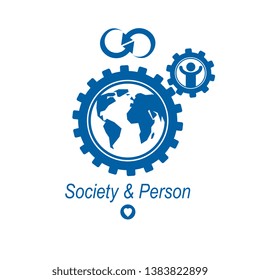 World and Person creative logo, unique vector symbol created with different icons. System and social Matrix sign. Person and humankind interacts with each other. System and social Matrix sign.