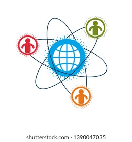 World and Person creative logo, unique vector symbol created with different icons. System and social Matrix sign. Person and humankind interacts with each other. System and social Matrix sign.