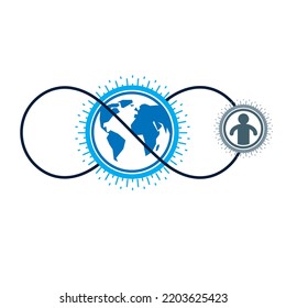 World and Person creative logo, unique vector symbol created with different icons. System and social Matrix sign. Person and humankind interacts with each other. System and social Matrix sign.