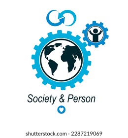 World and Person creative logo, unique vector symbol created with different icons. System and social Matrix sign. Person and humankind interacts with each other. System and social Matrix sign.