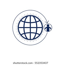 World and Person creative logo, unique vector symbol created with different icons. System and social Matrix sign. Person and humankind interacts with each other. System and social Matrix sign.