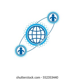 World and Person creative logo, unique vector symbol created with different icons. System and social Matrix sign. Person and humankind interacts with each other. System and social Matrix sign.