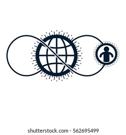 World and Person creative logo, unique vector symbol created with different icons. System and social Matrix sign. Person and humankind interacts with each other. System and social Matrix sign.