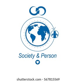 World and Person creative logo, unique vector symbol created with different icons. System and social Matrix sign. Person and humankind interacts with each other. System and social Matrix sign.