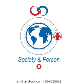 World and Person creative logo, unique vector symbol created with different icons. System and social Matrix sign. Person and humankind interacts with each other. System and social Matrix sign.