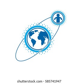 World and Person creative logo, unique vector symbol created with different icons. System and social Matrix sign. Person and humankind interacts with each other. System and social Matrix sign.