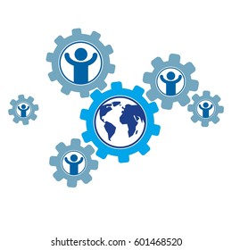 World and Person creative logo, unique vector symbol created with different icons. System and social Matrix sign. Person and humankind interacts with each other. System and social Matrix sign.