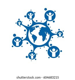 World and Person creative logo, unique vector symbol created with different icons. System and social Matrix sign. Person and humankind interacts with each other. System and social Matrix sign.