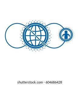 World and Person creative logo, unique vector symbol created with different icons. System and social Matrix sign. Person and humankind interacts with each other. System and social Matrix sign.