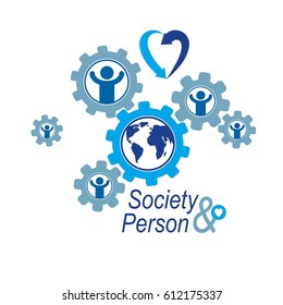 World and Person creative logo, unique vector symbol created with different icons. System and social Matrix sign. Person and humankind interacts with each other. System and social Matrix sign.