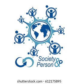 World and Person creative logo, unique vector symbol created with different icons. System and social Matrix sign. Person and humankind interacts with each other. System and social Matrix sign.