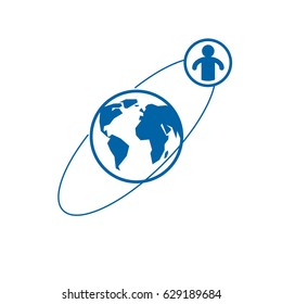 World and Person creative logo, unique vector symbol created with different icons. System and social Matrix sign. Person and humankind interacts with each other. System and social Matrix sign.