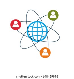 World and Person creative logo, unique vector symbol created with different icons. System and social Matrix sign. Person and humankind interacts with each other. System and social Matrix sign.