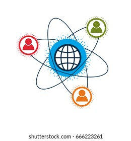 World and Person creative logo, unique vector symbol created with different icons. System and social Matrix sign. Person and humankind interacts with each other. System and social Matrix sign.