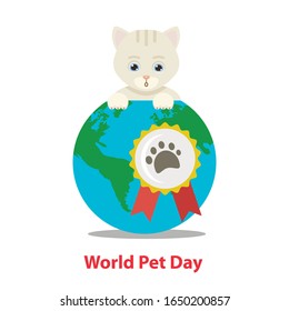 World Pet Day concept.Cute cat and earth globe illustration isolated on a white background