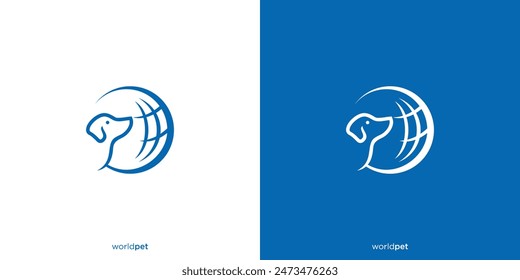 Logotipo de World Pet Diseños. Perro y Mundo, Tierra con Estilo Minimalista. Logotipo de cuidado de mascotas, ícono, símbolo, Vector, Plantilla de diseño.