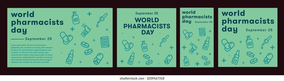 World Pharmacist Day greeting card with medical icon vector design template set. Calendar for each day on September 25.