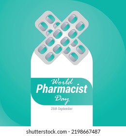 World pharmacist day on 25th september abstract vector illustration poster and banner design with blister pack and typography