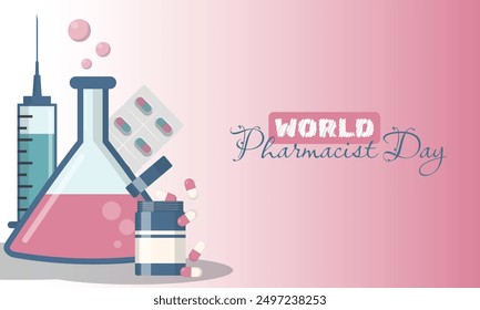 Afiche del Día Mundial del Farmacéutico con Elementos farmacéuticos