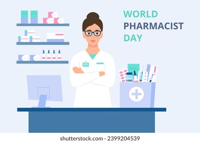 World pharmacist day.Smilling Pharmacist at counter in pharmacy. Bag with medication, pills bottle. Medical treatment Vector illustration in flat style