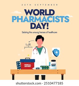 Dia Mundial do Farmacêutico. Banner de celebração do dia 25 de setembro dos farmacêuticos com um menino vestindo um jaleco de laboratório e equipamentos médicos: caixa médica, seringas, garrafa de vacina, comprimidos colocados em uma mesa. 